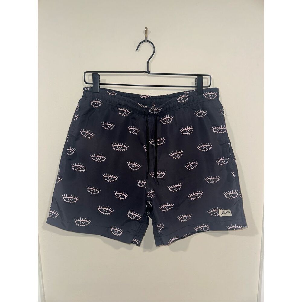 Mens Bather Swim Trunks Gray Pink Eyes Lined Medium